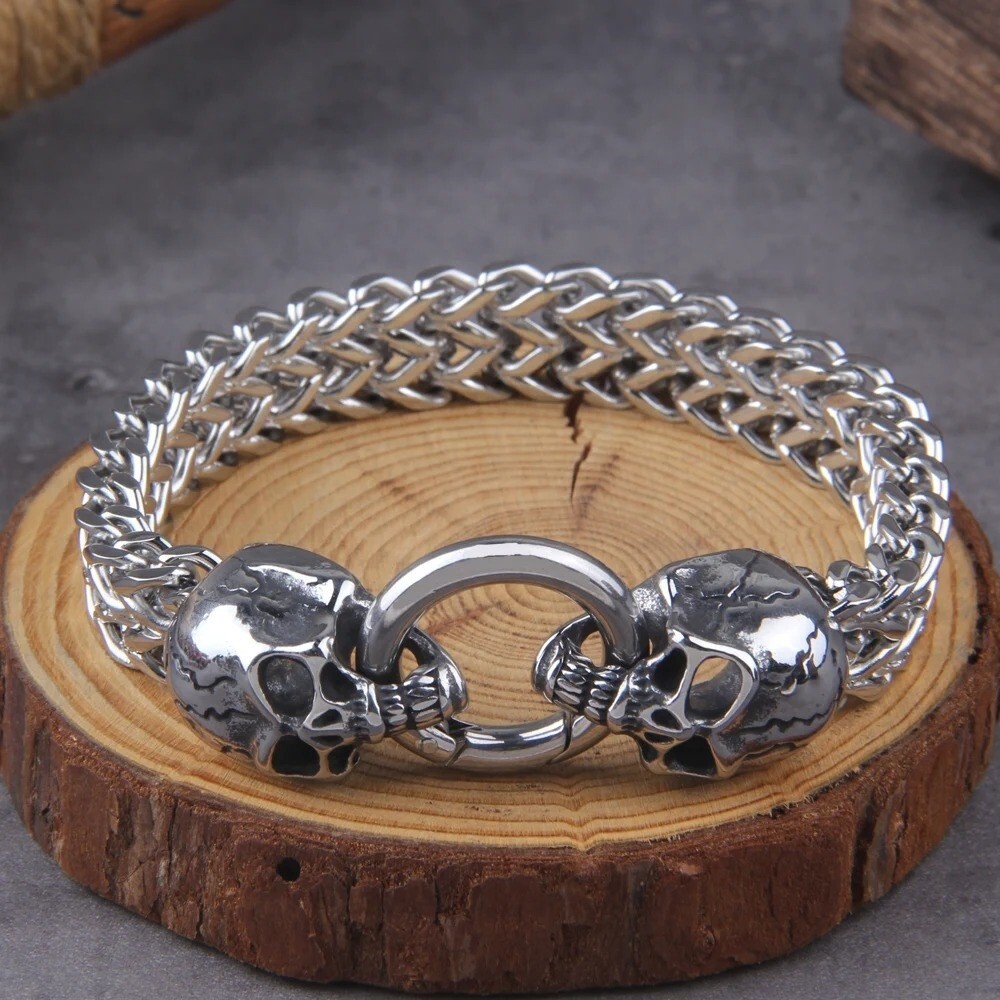 Rock Viking Double Skull Bracelet Stainless Steel Mesh Chain Biker Men's  Jewelry