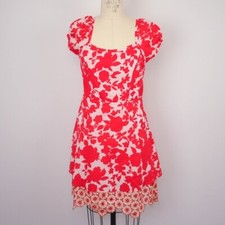 Minuet Womens Dress Sz M Floral Fit Flare Red White Open Back Retro Vintage H04