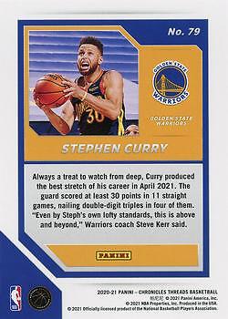 Stephen Curry 2020-21 Chronicles Threads NBA - #79 - Golden State Warriors - Picture 2 of 2