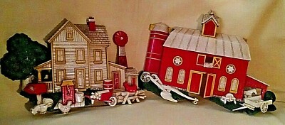 HOMCO PLAQUE SET 2 FARM HOUSE WINDMILL ROOSTER BARN SILO PLOW 1975 USA PLASTIC*