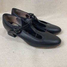 Tic Tac Toes Black Leather Celine Almond Toe Swing T Strap Dance Shoe Size 7.5