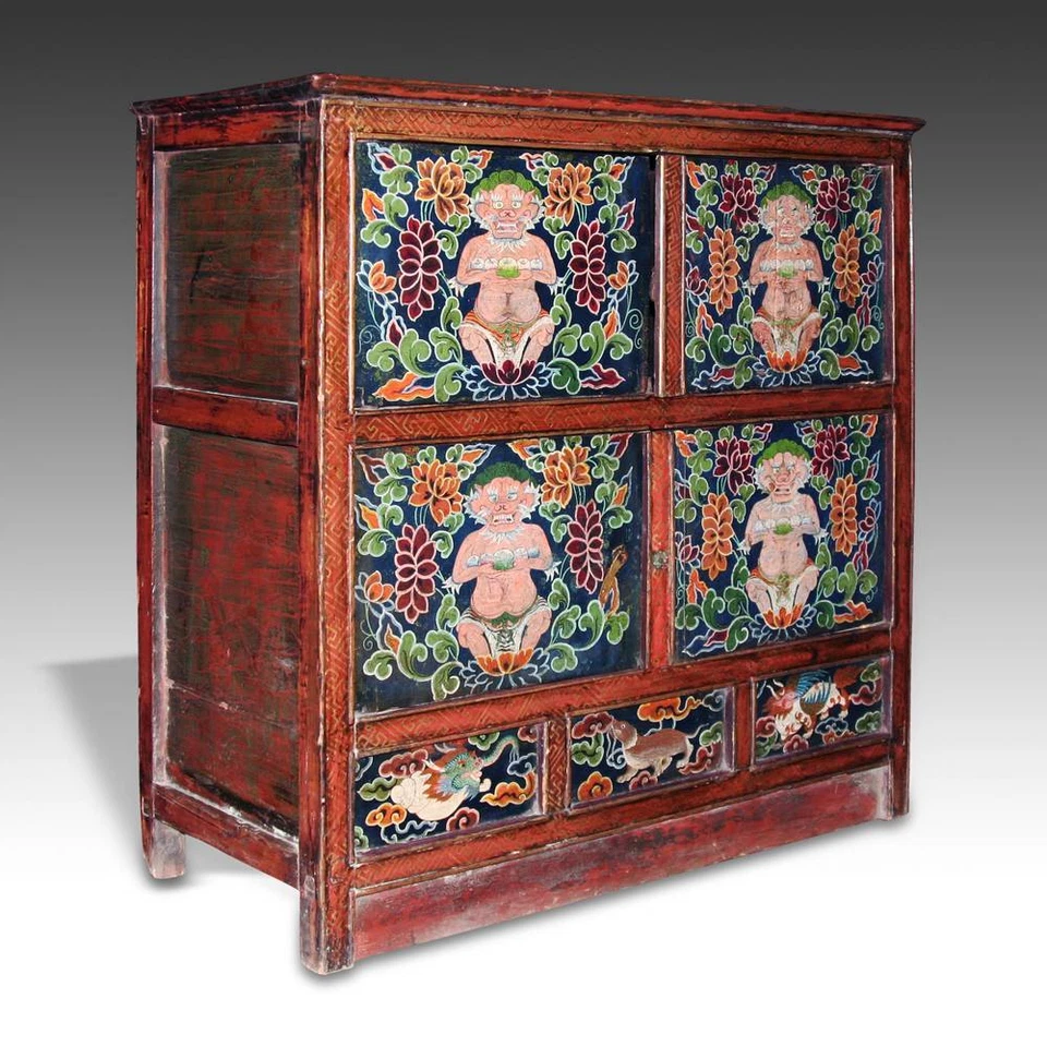 RARO GABINETE ANTIGUO PINTADO MADERA DE PINO TIBETANO BUDISMO MUEBLES CHINOS SIGLO XIX. Foto 3 de 4