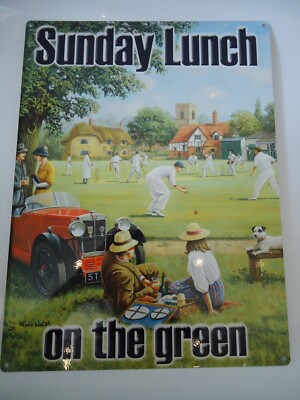 Cricket Blechschild Bild Plakette Sonntag Mittagessen auf dem grünen Papa Geschenk