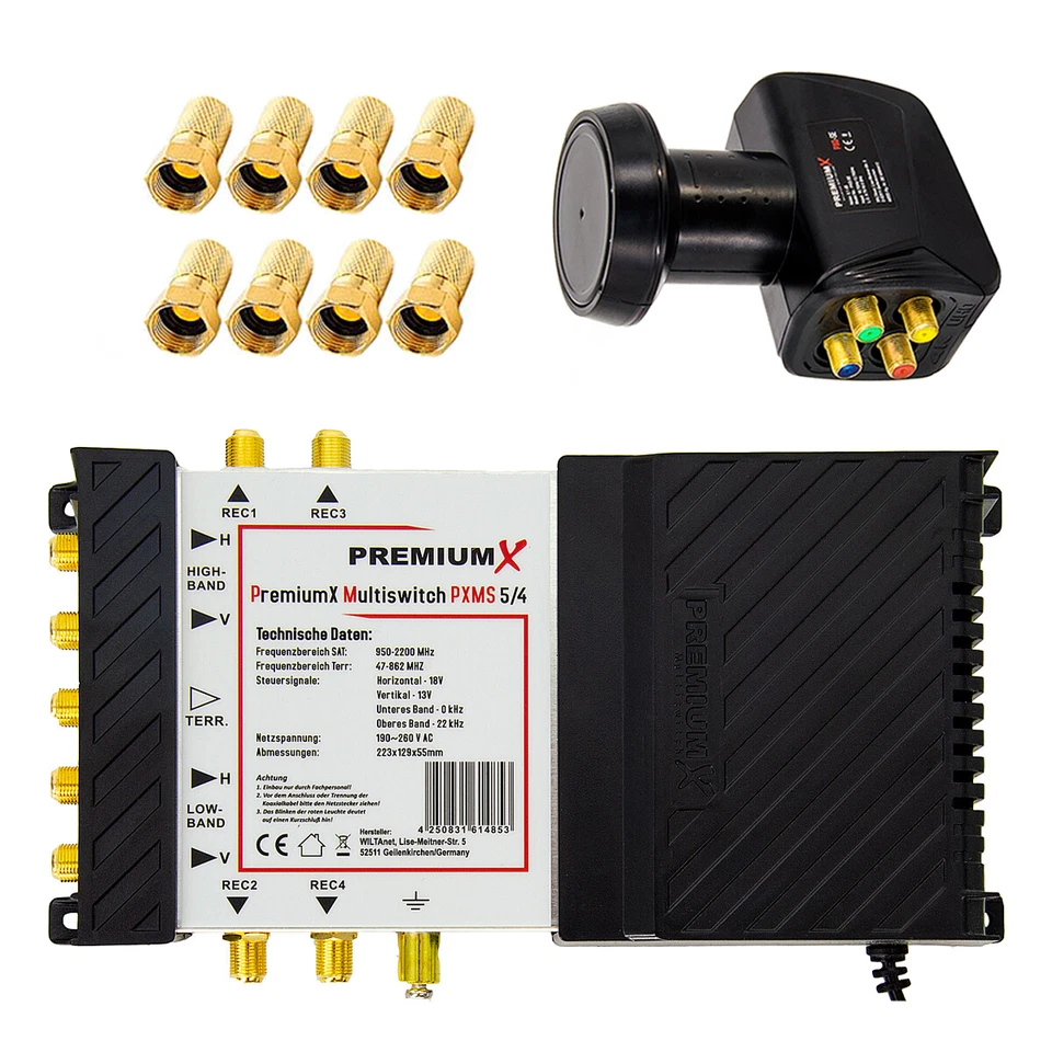 PremiumX PXMS 5/4 Multischalter SET HDTV SatTV LNB Quattro Digital 4 Teilnehmer - Bild 1 von 4