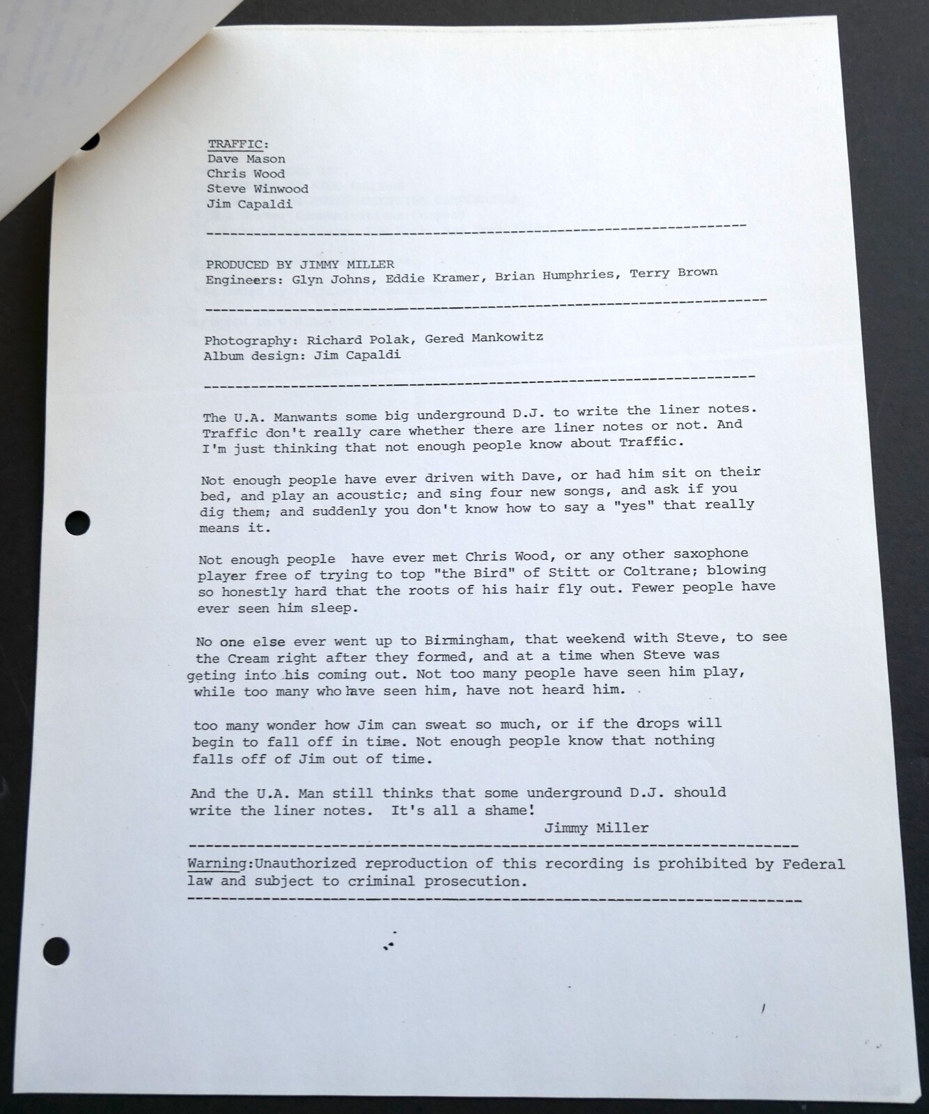 Traffic Mr Fantasy Welcome Canten Album Original Vintage Record Company Memo Lot