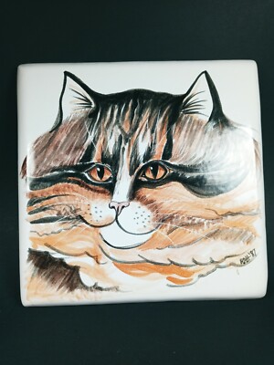Vintage Ceramic Hand Painted Cat Tile Trivet Signed