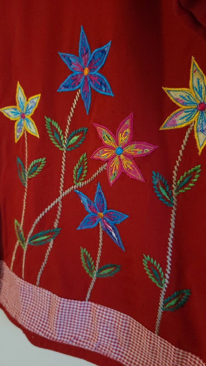 トップス RT-196739 VTG Womens Embroidered Short Sleeve Linen Top LARGE Button Front