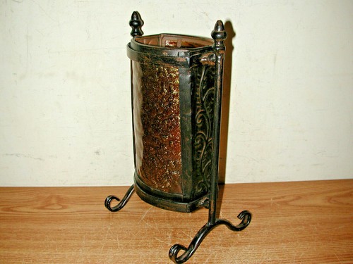 RUSTIC BLACK METAL CANDLE HOLDER STAND WITH AMBER COLORED GLASS - Picture 3 of 11