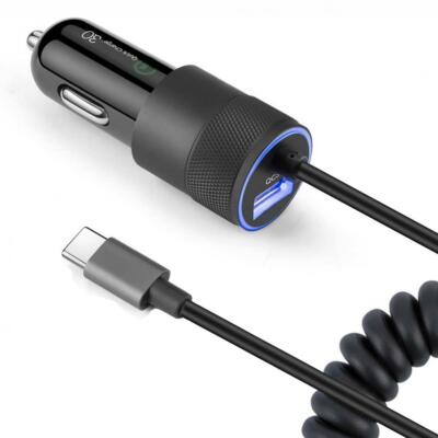 36W FAST CAR CHARGER USB-C DC POWER ADAPTER COILED TYPE-C CABLE for CELL PHONES