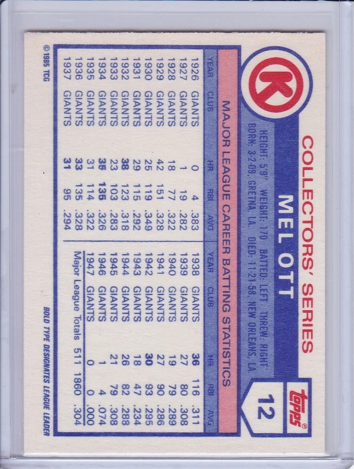 Mel Ott 1985 Topps Circle K Baseball Card 12 Grade NMMT - Image 2 of 2