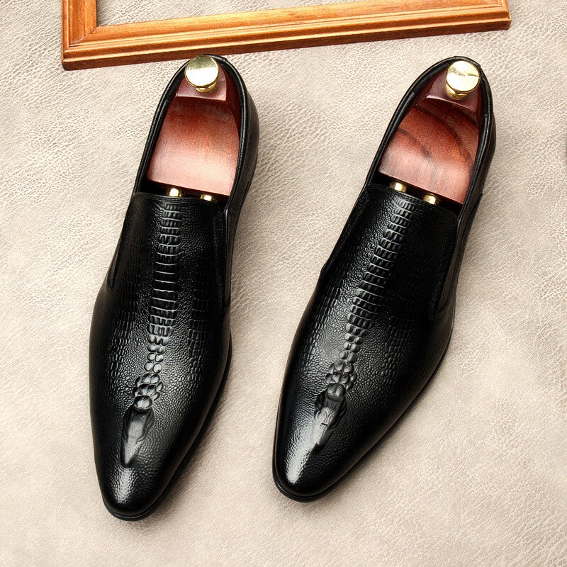 Luxury Men's Loafers Genuine Leather Shoes Crocodile Prints Slip on Pointy  Shoes | eBay