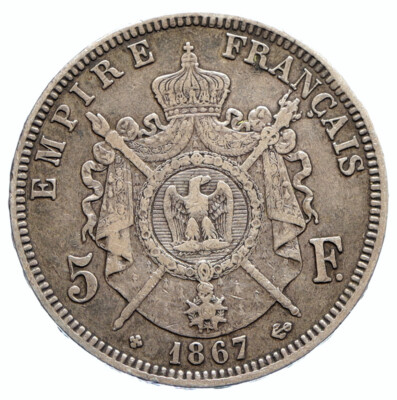 1867 FRANCE Emperor NAPOLEON III Crowned ARMS Silver 5 Francs