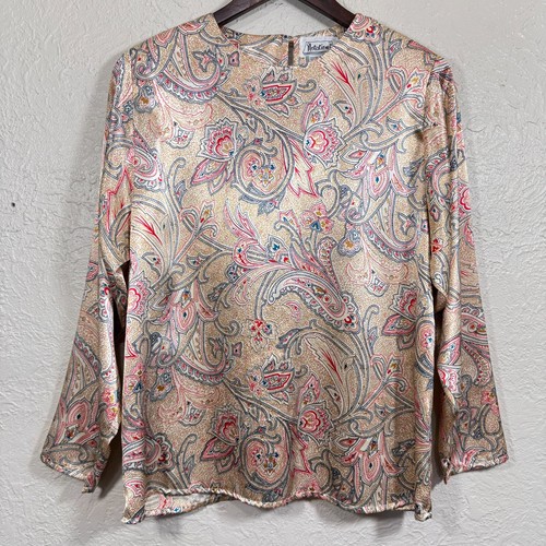 Vintage 80er 90er Satin Bluse 12 Gold Paisley glänzend Indie Art Avantgarde Luxus - Bild 1 von 10