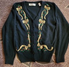 Karen Scott VTG Black Silk Angora Lambswool Christmas Sequin Beaded Cardigan PM