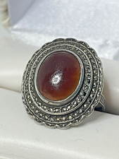Vintage Sterling Silver Marcasite Red Agate Ladies Ring