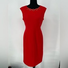 CALVIN KLEIN RED SHEATH DRESS, BACK ZIPPER, GOLD CHAIN ACCENT