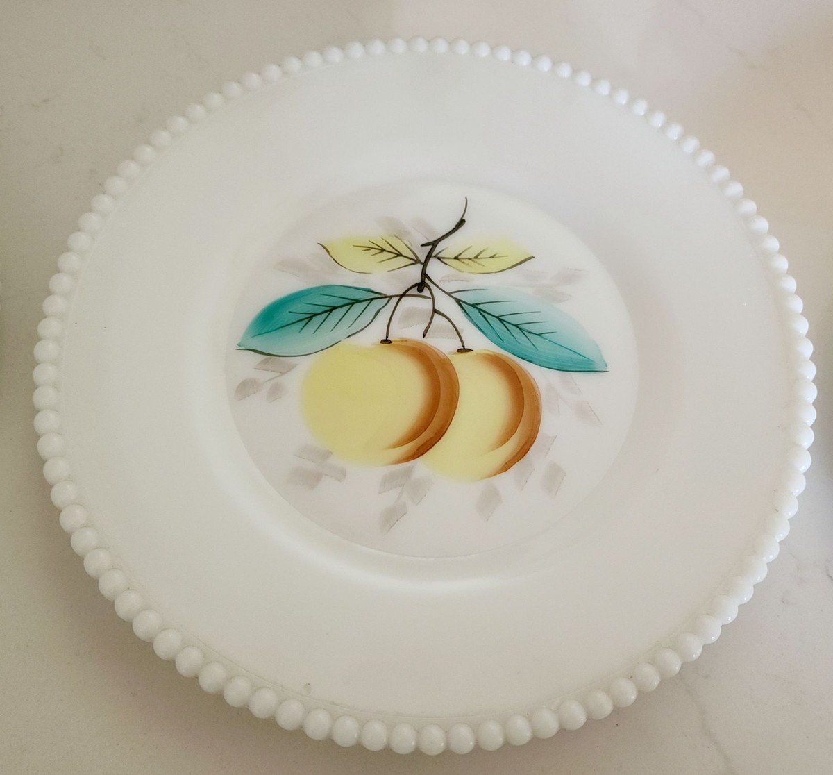 VTG Westmoreland Beaded Edge White Milk Glass Salad Plate Peach Mid Century