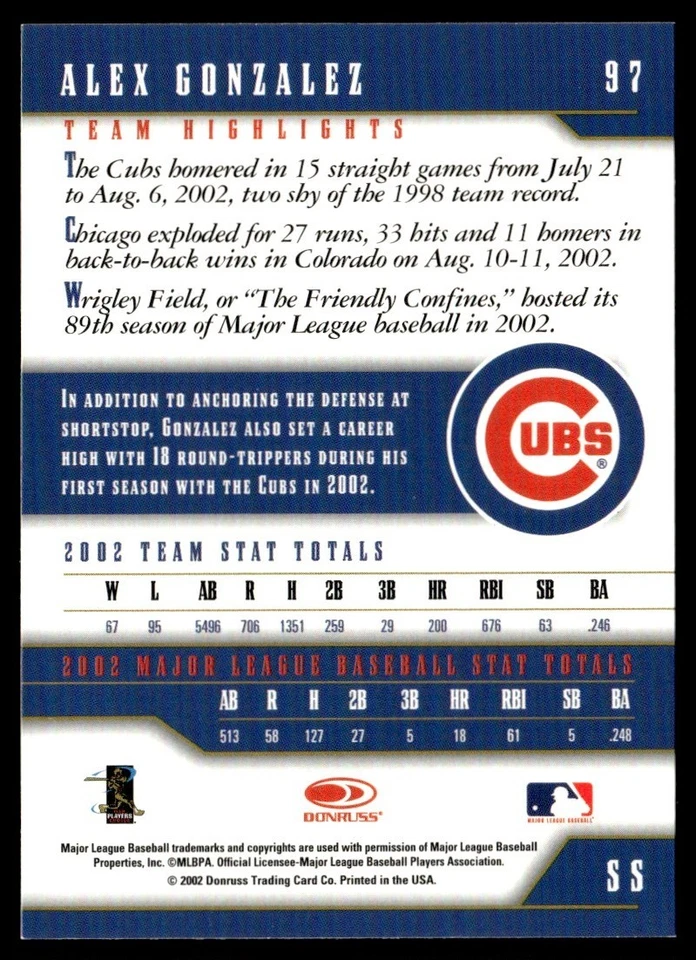 2003 Donruss Team Heroes Chicago Collection Alex Gonzalez 3/5 #97 - Image 2 of 2