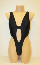 Women Thong Onepiece Leotard 203-08 Deep Neckline Open Back Black Spandex Size M