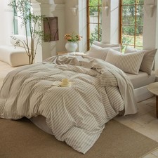7 Pieces Bed Set,Striped Beige/White 3 Pieces Duvet Cover Set and Brown Solid 4