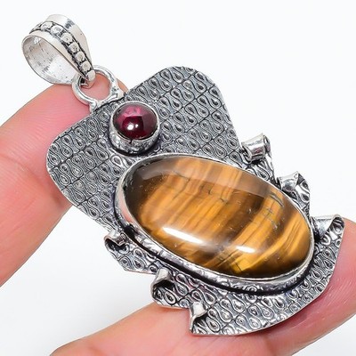 Tiger Eye, Garnet Gemstone 925 Sterling Silver Jewelry Pendant 2.36'' A026