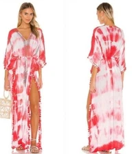 Michael Stars Farrah Maxi Kaftan Orange White Tie Dye Pom Pom Cover up Dress OS
