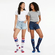 2 Pair Womens USA Knee High Socks Patriotic Stars Stripes New Size 4-10