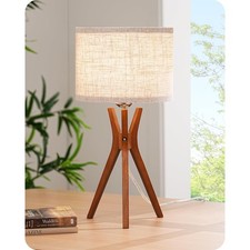 17.5" Mid Century Tripod Wood Table Lamp Beige Linen Bedroom Light