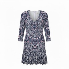Eliza J Print Knit A-Line Minidress Paisley Pink Blue V-Neck Feminine Ruffle Hem