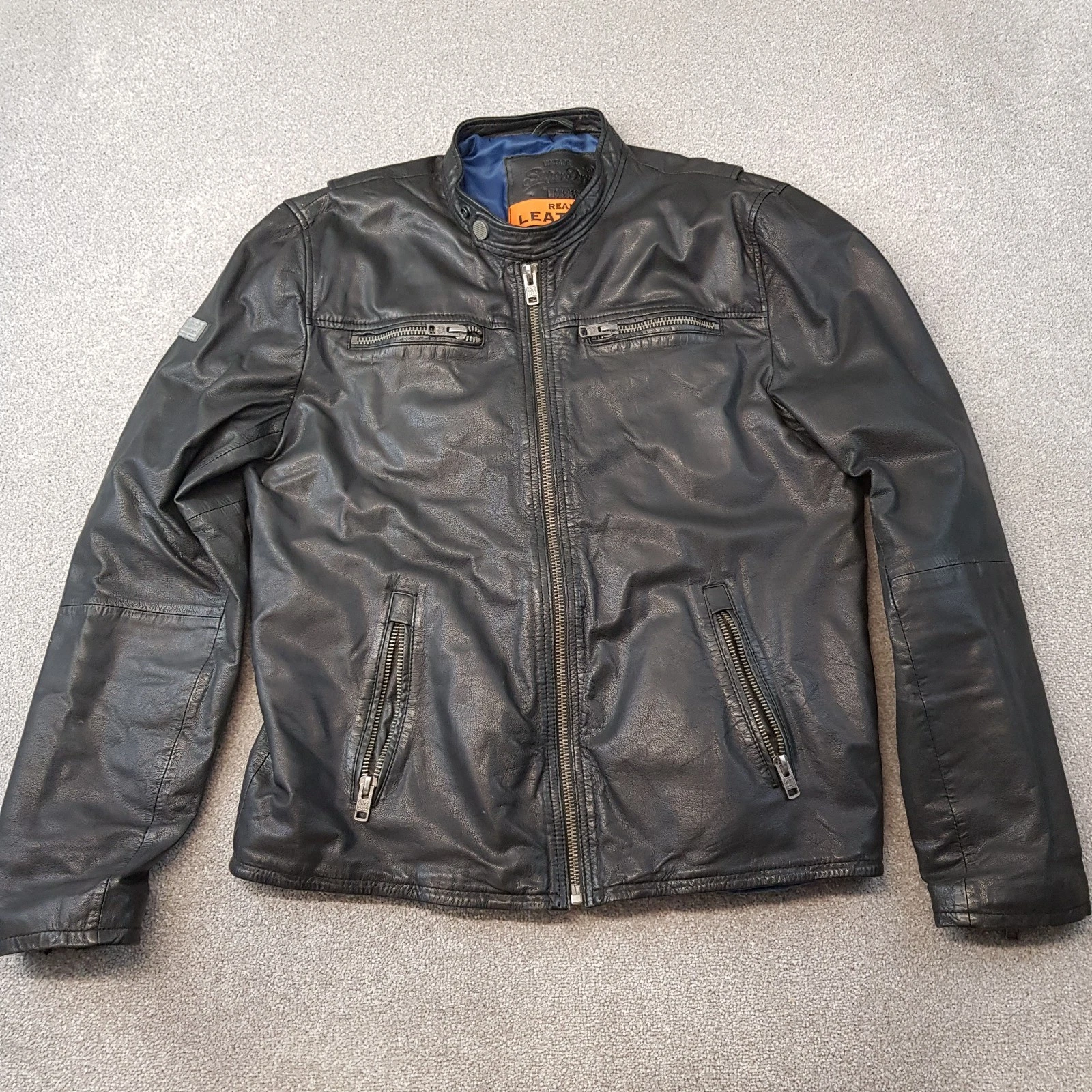 Superdry Mens Jacket XL Black Leather Real Hero Biker Motorcycle Cafe Moto Racer