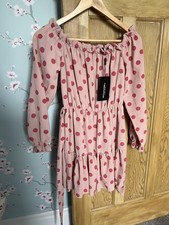 BNWT Pretty Little Thing Pink Polka Dot Off The Shoulder Summer Dress - Size 8