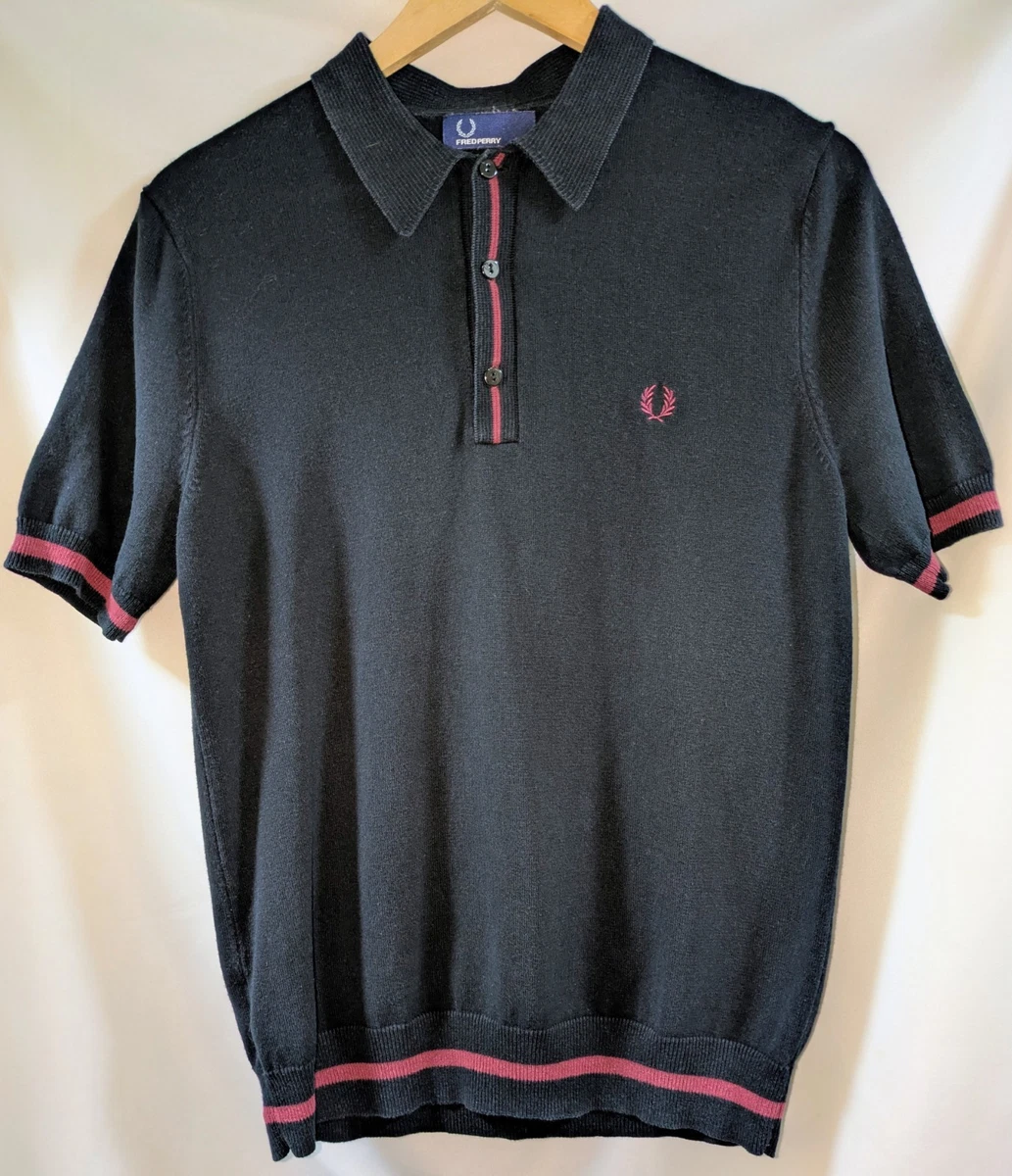 Fred Perry Polo Tejido Negro Burdeos A Rayas Algodón Hombre Talla M Manga Corta