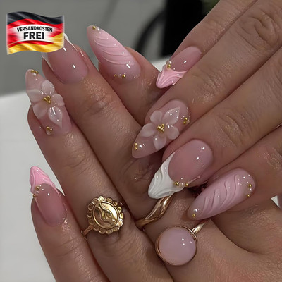 Künstliche Nägel Set 24 Stück Mandelform mit Goldblumen & Perlen, Wiederverwendb