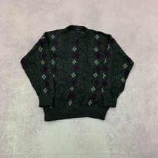 Vintage abstract knitted jumper Patterned Grandad chunky knit sweater Men's L