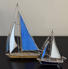 Mid-Century Stained Glass  Metal Decorative Sailing Boats Set of Two
