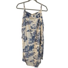 Cider 1XL Blue Beige Toile de Jouy Cowl Neck Smocked Mini Dress French Country