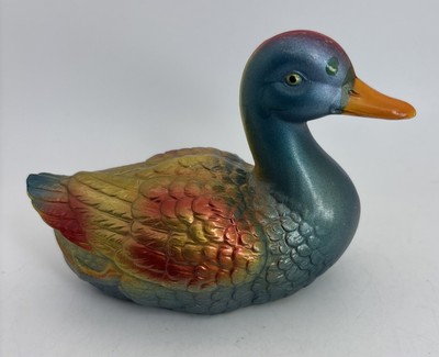 Vintage Plastic Colorful Duck Toy 5 1/4  Long Made In Germany,Gold, Green, Red,+