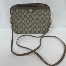 GUCCI PVC Leather Shoulder Bag Khaki Brown GG Pattern Vintage Used From Japan