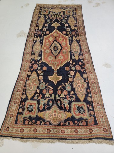 Antique Oriental Hand-Knotted Wool Runner Clay/Navy Blue/Ivory 3'11" x 10'