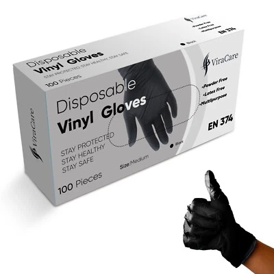 VIRACARE 100 x Disposable Gloves Black Vinyl | Medium & Large | Latex Free | Powder Free