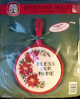 Colortex Vtg. (1989) ''Bless Our Home'' Skillet Counted Cross Stitch Kit No. 3503