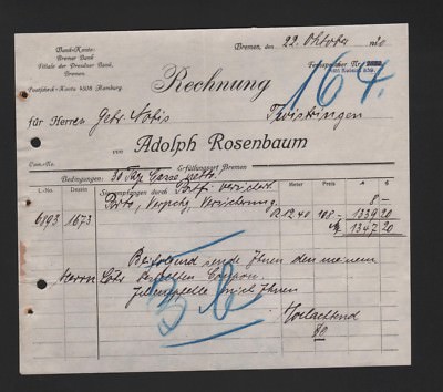 BREMEN, Rechnung 1920, Adolph Rosenbaum 