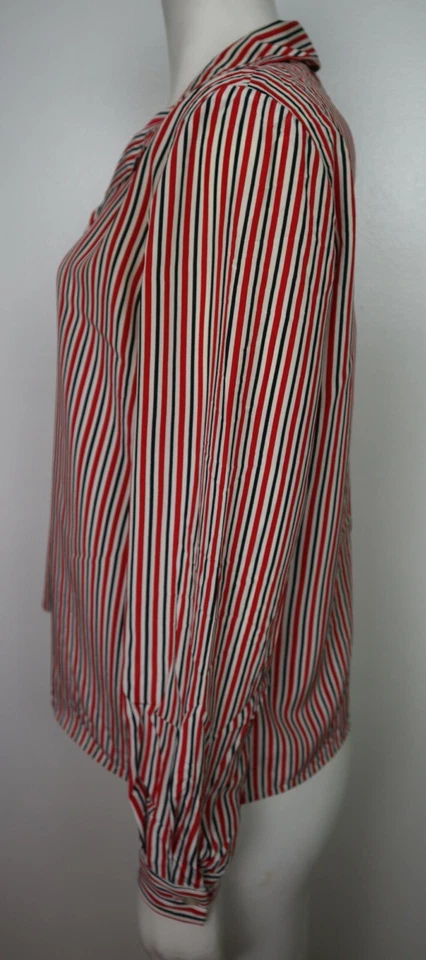 Blusa para mujer Leslie Fay talla PM roja a rayas abotonada vintage manga larga Foto 3 de 4