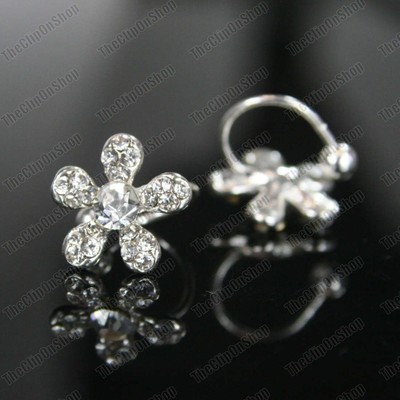 Clip-On Pearl & Crystal Flower Earrings - Silver Rhinestone Retro Studs, No Piercing Needed