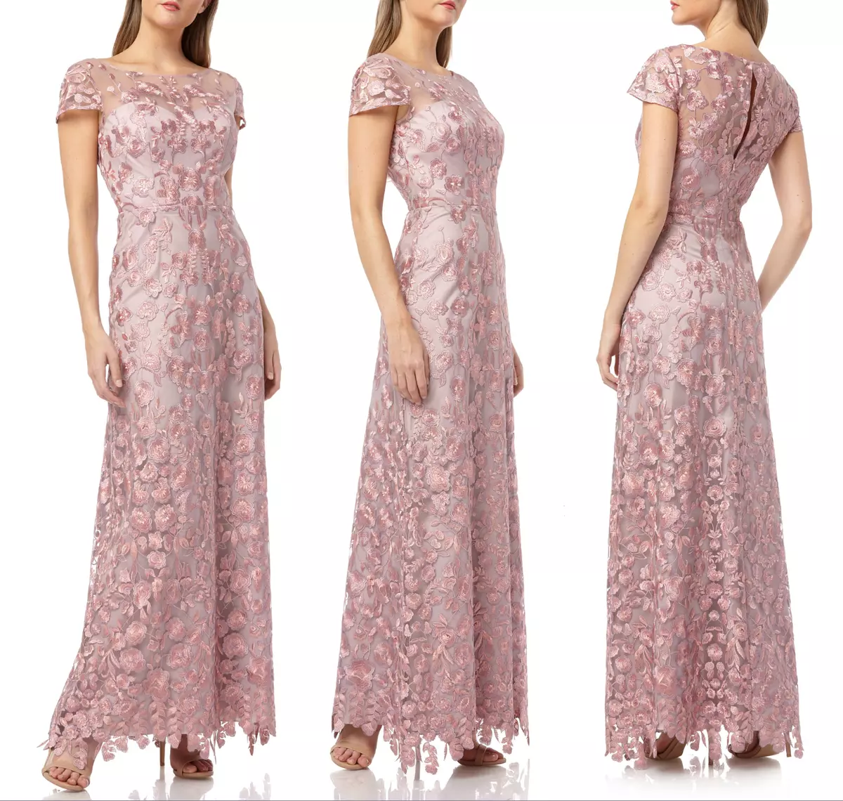 JS COLLECTIONS Pink Floral Embroidered Illusion Yoke A Line Evening Gown 10
