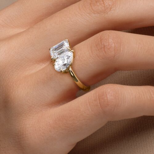 14K Gold Toi et Moi Engagement Ring 2ct Emerald 1.50ct Pear Lab Grown Diamonds - Picture 4 of 12
