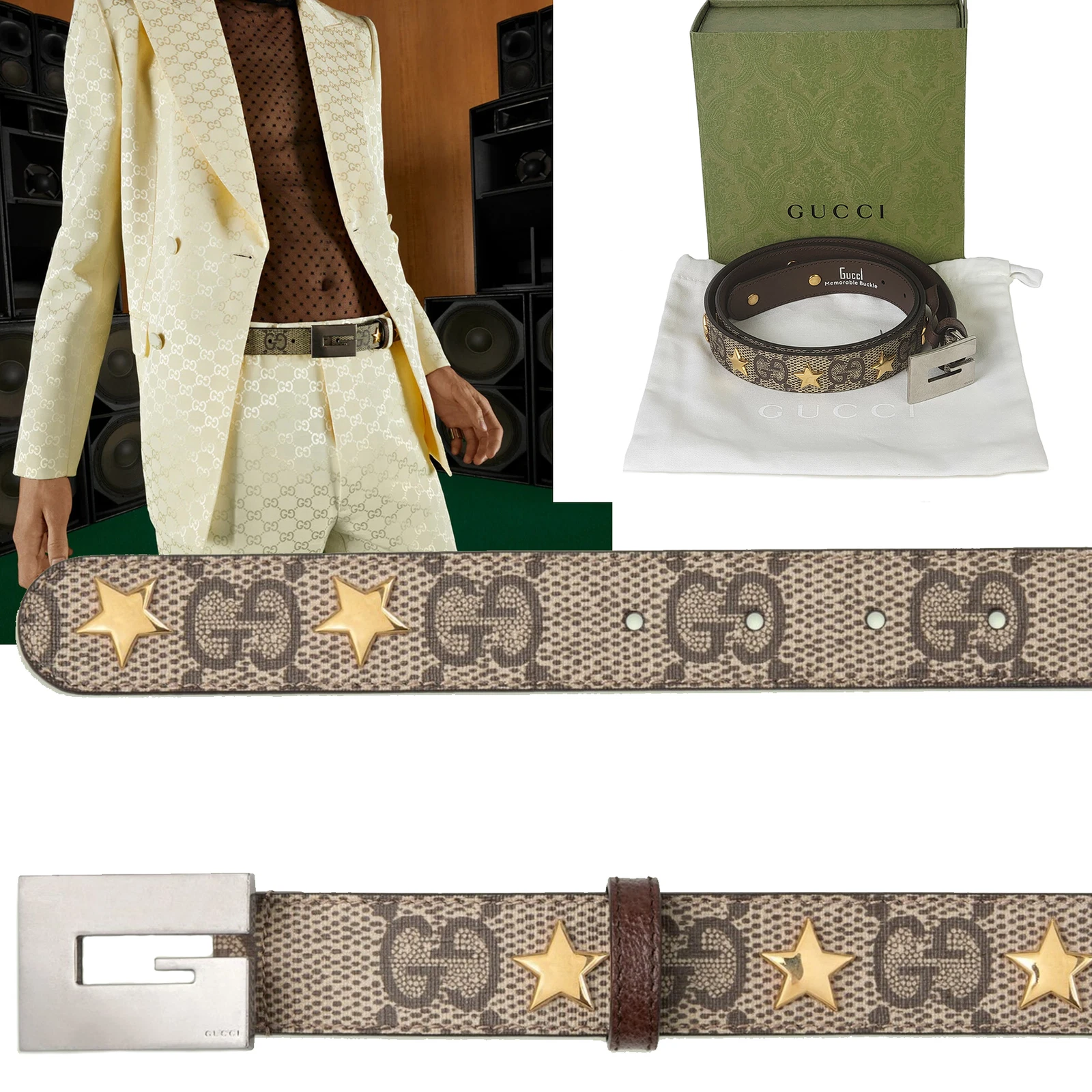 CEINTURE GUCCI ‎710090 ÉTOILES FINES CLOUTÉES CARRÉ BOUCLE G TOILE ENDUITE 100 /40