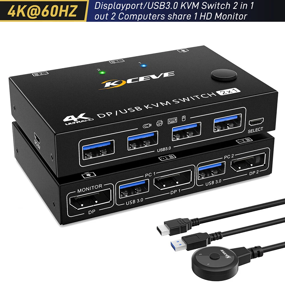 2 Port HDMI +DisplayPort DP USB KVM Switch Dual Monitors 4K 60Hz KVM  Switcher