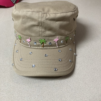 Magic Headwear Women s Biker Style Cap Beige W/ Rhinestones Palm Flamingo