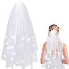 White Flower Bride Veil Short Rhinestone Comb Wedding Accessories 2 Tiers